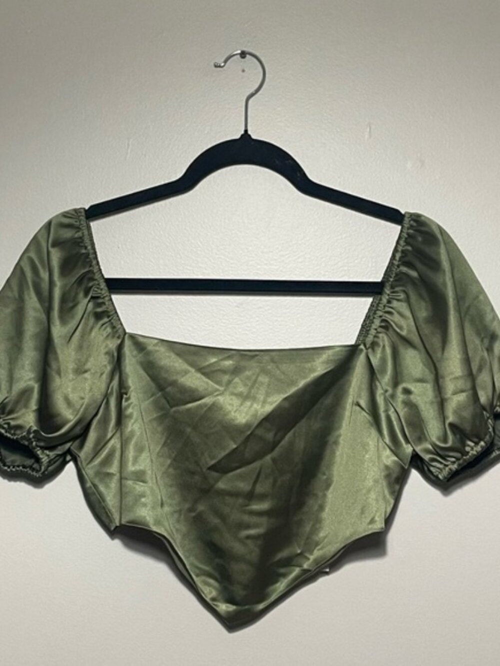 Olive Green Satin Puff Sleeve Crop Top